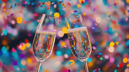 two elegant champagne glasses clink amidst a cascade of colorful confetti and shimmering lights, evoking a festive celebration filled with joy and laughter