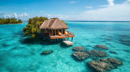 Overwater Bungalow, Tropical Island Paradise, Luxury Vacation, Turquoise Water, Relaxation