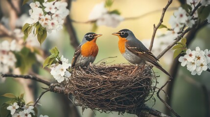 two vibrant robins perched in a delicate nest among blossoming cherry branches, symbolizing the arrival of spring and the promise of new beginnings