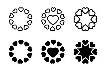 Set of black hearts, stylized hearts of different shapes on a white background. Hearts for Valentine's Day. Vector illustration. Love romance and wedding