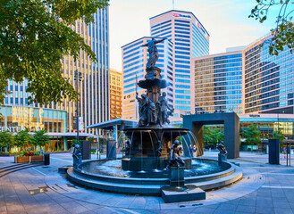 Vibrant Fountain Square with Modern Skyline Motion Perspective