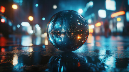 Crystal ball rests on a wet surface, reflecting bright city lights and creating a mesmerizing visual effect in a bustling urban environment at night.
