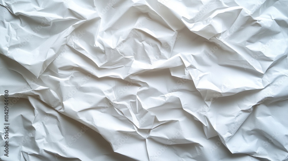 Poster crumpled white paper texture showing intricate folds and shadows in a bright setting that emphasizes