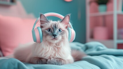A cool, tech-savvy cat listening to music with pastel headphones, set against a clean and minimal studio background