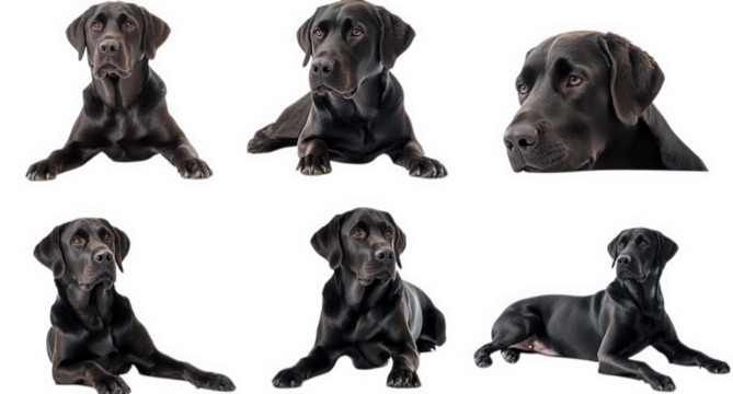 a set of six chocolate labrador retriever dog. showcasing different angles and poses the dog is lying on a transparent background. looking directly at the camera