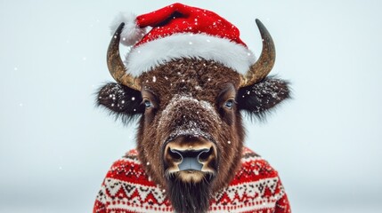 Bison wearing Santa hat and sweater in snowy scene. (1)