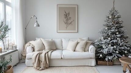 White living room interior with Christmas tree