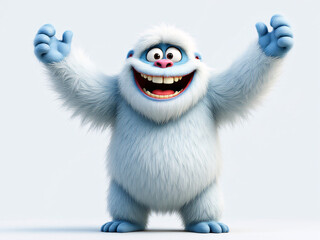 Happy baby yeti with arms raised, smiling joyfully.