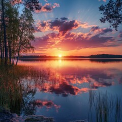 Obraz premium Sunset ablaze, lake's surface ablaze