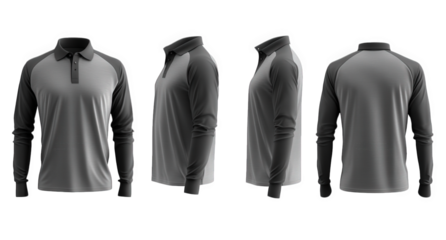 four different views of a grey and black long-sleeved polo shirt with a contrasting color sleeve design the shirt is isolated on a transparent background and has a clean. modern aesthetic