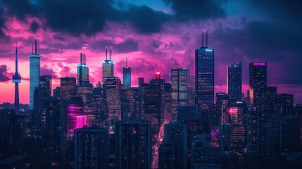 Obraz premium vibrant city skyline aglow with pink and blue neon lights, showcasing towering skyscrapers under a night sky, exuding a cyberpunk aesthetic with a moody atmosphere