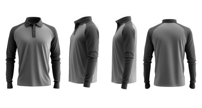 four different views of a grey and black long-sleeved polo shirt with a contrasting color sleeve design the shirt is isolated on a transparent background and has a clean. modern aesthetic