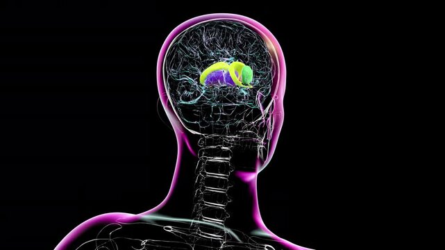 3D animation of a rotating brain highlighting the caudate nucleus (yellow), putamen (green), globus pallidus (red), and thalamus (blue).