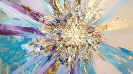 Obraz premium Abstract explosion of jagged shards in vivid cyan, soft pink, and shimmering gold, creating fractured, kaleidoscopic patterns with iridescent brilliance and dynamic geometric energy