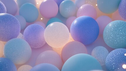 Abstract Composition of Colorful 3D Spheres in Soft Pastel Tones with Shimmering Texture, Ideal for...