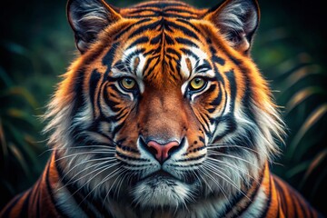 Naklejka premium Sumatran Tiger Close Up Headshot, Wildlife Photography, Big Cat Portrait, Generative AI Image, Nature Photography