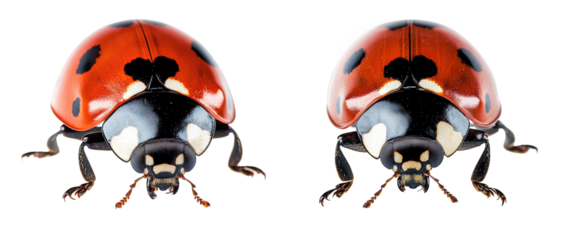 two ladybugs. one facing left and one facing right. with red. black. and white spots on their shell. isolated on a transparent background
