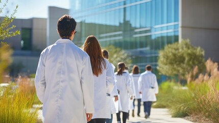 Fototapeta premium Medical students in white coats walking towards a modern building.