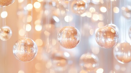 Elegant and Shimmering Glass Ornaments Suspended in Air with Soft Focus Background Creating a Magical Holiday Atmosphere for Festive Decoration