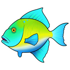 Cartoon Tropical Blue Fish with Green Fins PNG