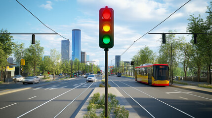 Modern Tram, City Street, Traffic Light, Urban Transport, Sustainable Commuting