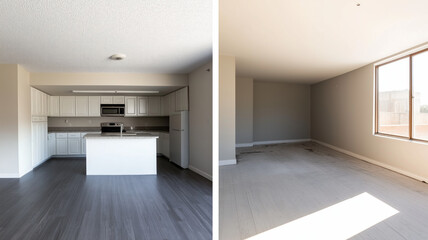 Obraz premium Before And After Of Modern Kitchen Apartment Room In Renovated House