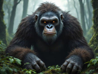 Obraz premium Misty forest with legendary Bigfoot