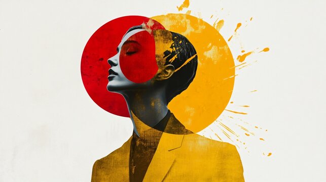 Abstract portrait of a woman with red and yellow circles. Modern, minimalist art with vibrant colors and geometric shapes.