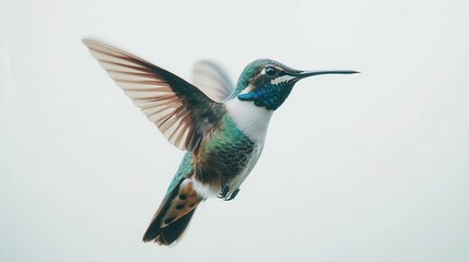 vibrant hummingbird captured mid-flight with iridescent feathers, set against a serene white background, emphasizing its delicate beauty and intricate details
