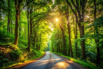 Fototapeta premium Summer Forest Road: Candid Photos of Sunlit Path, Lush Greenery, Winding Road, Summer Scenery, Forest Trail, Nature Photography