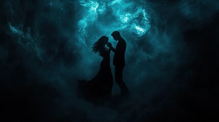 Silhouetted couple embracing amidst a mystical, teal nebula.