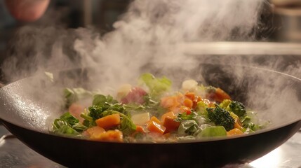 vibrant mix of fresh vegetables sizzling in a wok, capturing the excitement and colors of cooking, with steam rising in a dynamic kitchen environment