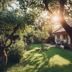 Obraz premium Tranquil countryside: trees, greenery, sunshine