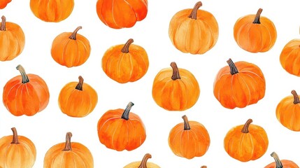 vibrant orange pumpkins arranged in a playful repeating pattern, set against a clean white background, evoking the spirit of autumn and harvest season