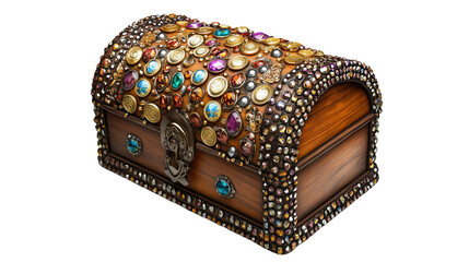 A Wooden Chest Overflowing with Sparkling Gold Coins and Jewels Isolated on Transparent Background