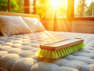 Sunlit Bedroom Cleaning: Close-up Brush on Mattress, Hygiene, Tidiness
