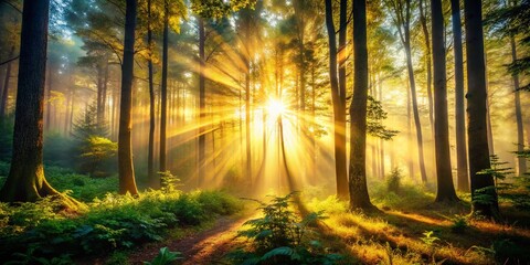 Fototapeta premium Sunlight Forest Double Exposure Photography - Magical Nature Scene, Dreamy Woods, Golden Hour, Mystical Forest, Sunbeams, Tree Canopy