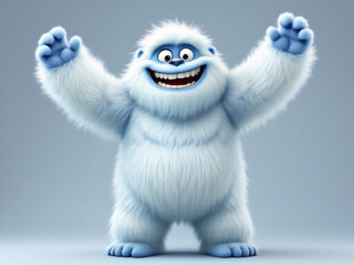 Happy baby yeti with arms raised, smiling joyfully.