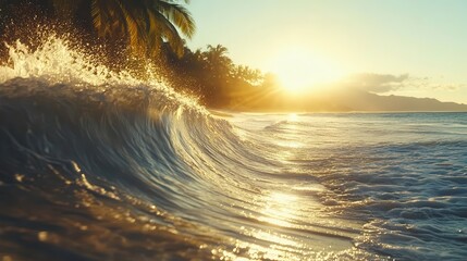 vibrant tropical wave crashing onto a sunlit beach, capturing the essence of summer and the refreshing allure of the sea