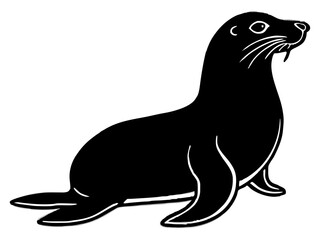 Playful Seal Silhouette with Whiskers - Black and White Vector Illustration