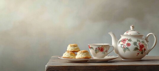 Elegant English Tea Service with Floral Teapot and Scones for Afternoon Gathering Event