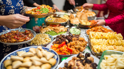 International Buffet: Family Gathering, Diverse Food, Delicious Snacks