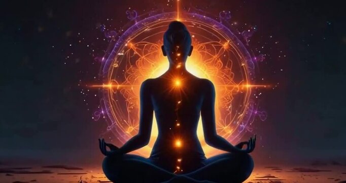 World Mental Health Day design featuring a serene lotus yoga flower, chakra symbols, and a meditating figure radiating energy spheres, set against a tranquil night backdrop.