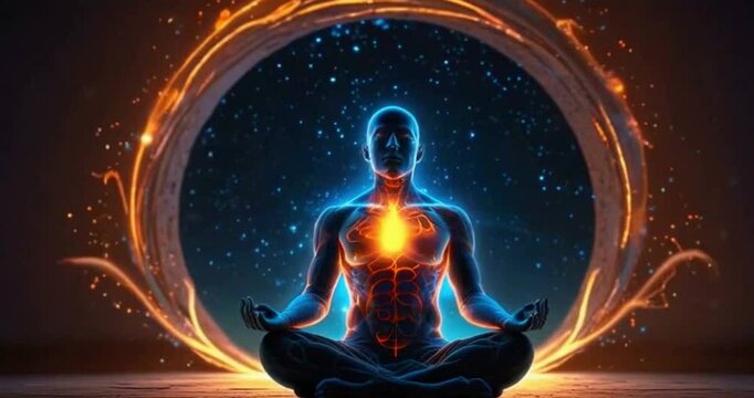World Mental Health Day design featuring a serene lotus flower, chakra symbols, and a meditating figure radiating energy spheres, set against a tranquil night backdrop, created with Generative AI.