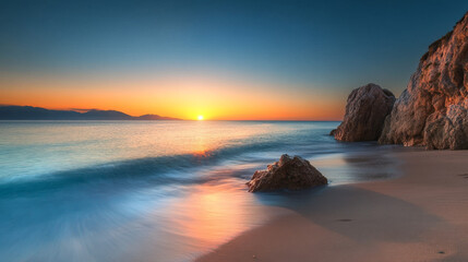 Obraz premium Secluded Beach Sunset: Minimalist Coastal Landscape Photography