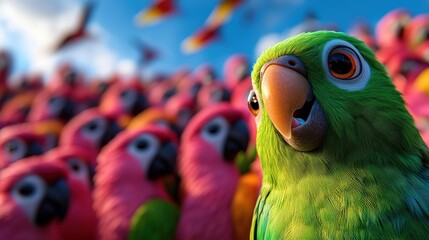 A stunning parrot stands out in a sea of vibrant colors, surrounded by other birds, illustrating the beauty and diversity of avian life in a captivating scene.