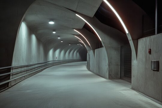An empty, futuristic tunnel casts a dramatic ambiance with sleek lines and glowing lights, inviting a sense of curiosity.