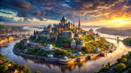 Surreal Aerial Quebec City: Dreamlike Landscape, Fantasy Cityscape, Magical Bird's Eye View