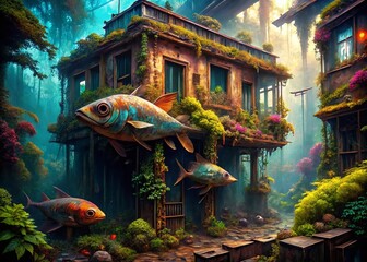 Obraz premium Surreal Architectural Photography: Ill Fish Building, Diseased Structure, Decaying Architecture, Urban Decay, Grunge Aesthetic