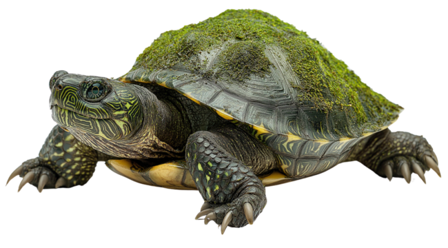 Green Turtle with Moss: A close-up of a green turtle with moss on its shell, showcasing its intricate patterns and textures. The turtle's sharp claws and watchful eyes add to its captivating presence.